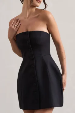 Anniston | Black Bandeau Tailored Buttoned Mini Dress