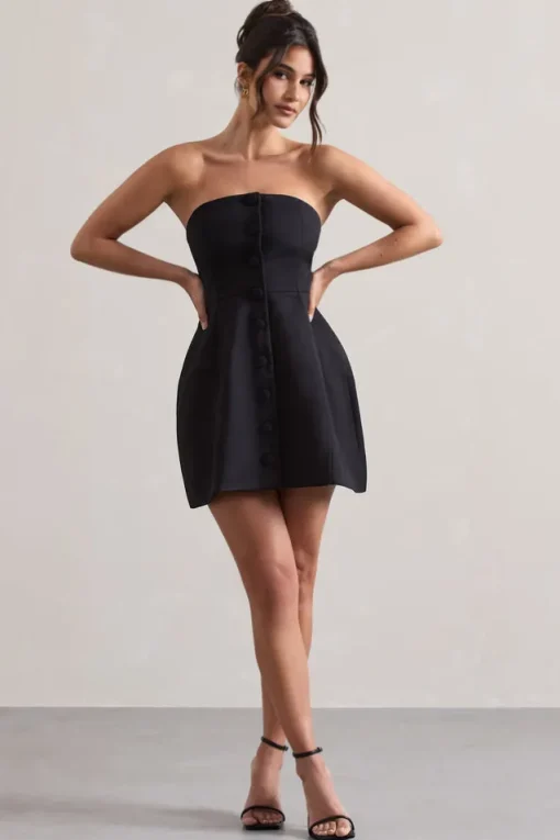 Anniston | Black Bandeau Tailored Buttoned Mini Dress