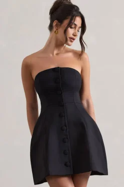 Anniston | Black Bandeau Tailored Buttoned Mini Dress