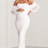 Announcement | White Maternity Ruched Mesh Maxi Dress