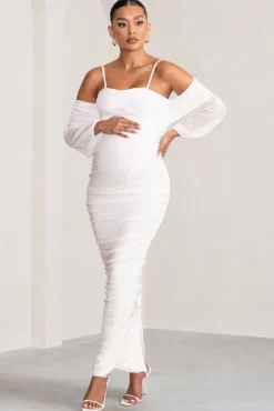 Announcement | White Maternity Ruched Mesh Maxi Dress