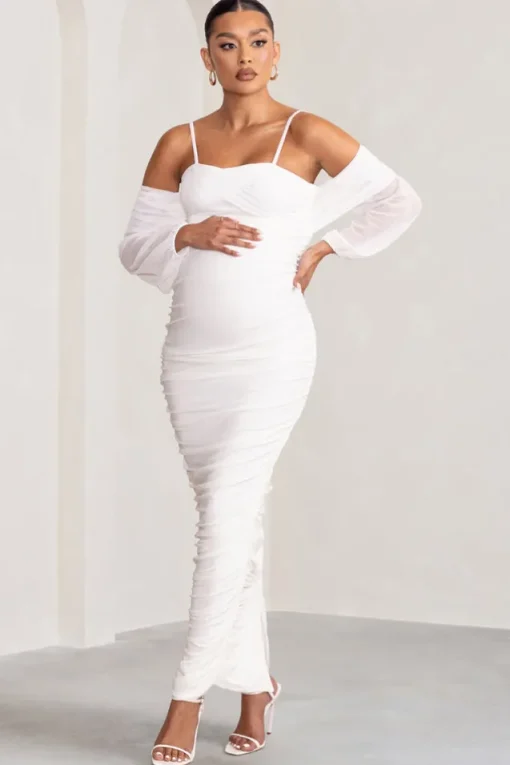 Announcement | White Maternity Ruched Mesh Maxi Dress