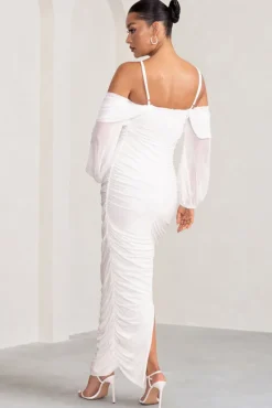 Announcement | White Maternity Ruched Mesh Maxi Dress