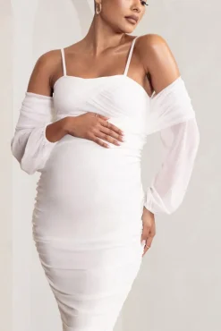 Announcement | White Maternity Ruched Mesh Maxi Dress