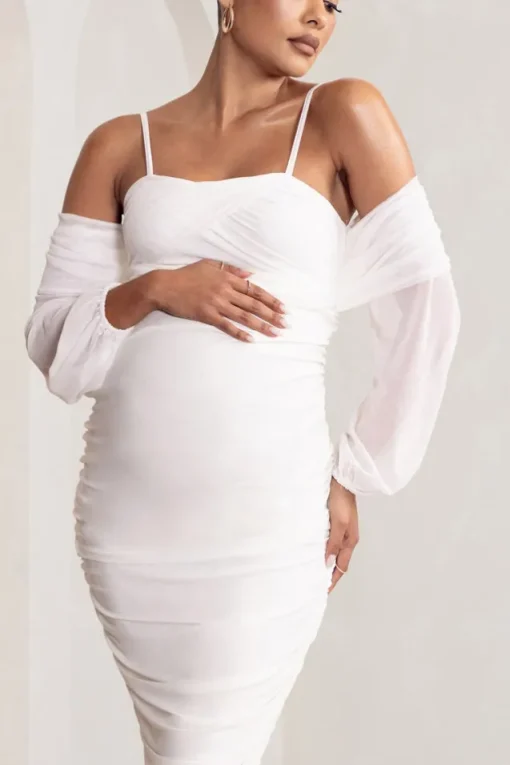 Announcement | White Maternity Ruched Mesh Maxi Dress