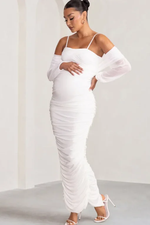 Announcement | White Maternity Ruched Mesh Maxi Dress