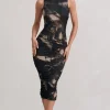 Antonia | Brown Print Sleeveless Ruched Bodycon Midi Dress