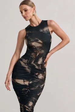 Antonia | Brown Print Sleeveless Ruched Bodycon Midi Dress