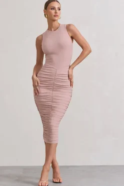 Antonia | Champagne Sleeveless Ruched Bodycon Midi Dress