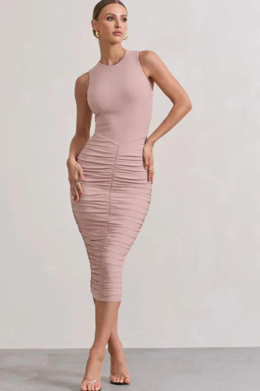 Antonia | Champagne Sleeveless Ruched Bodycon Midi Dress