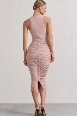 Antonia | Champagne Sleeveless Ruched Bodycon Midi Dress