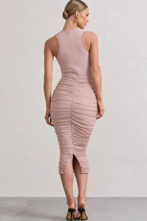 Antonia | Champagne Sleeveless Ruched Bodycon Midi Dress