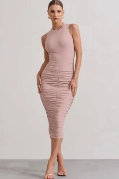 Antonia | Champagne Sleeveless Ruched Bodycon Midi Dress