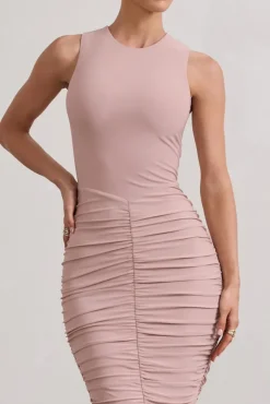 Antonia | Champagne Sleeveless Ruched Bodycon Midi Dress