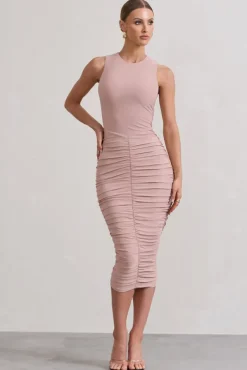 Antonia | Champagne Sleeveless Ruched Bodycon Midi Dress