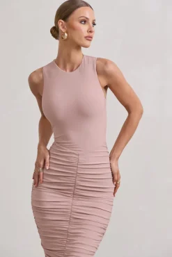 Antonia | Champagne Sleeveless Ruched Bodycon Midi Dress