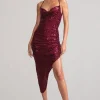 Anya | Berry Sequin Cami Cowl Neck Asymmetric Hem Midi Dress