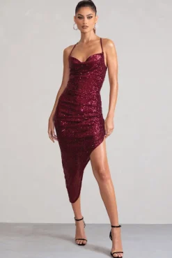 Anya | Berry Sequin Cami Cowl Neck Asymmetric Hem Midi Dress