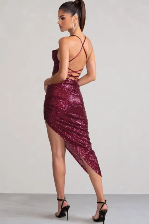 Anya | Berry Sequin Cami Cowl Neck Asymmetric Hem Midi Dress
