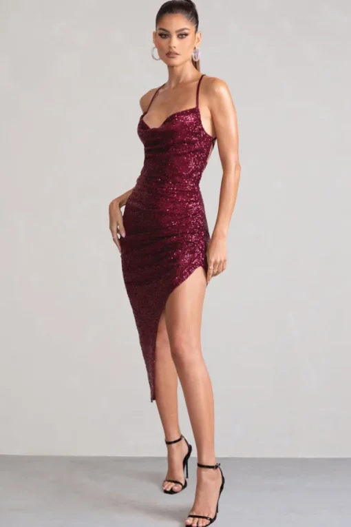 Anya | Berry Sequin Cami Cowl Neck Asymmetric Hem Midi Dress