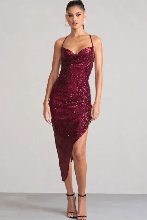 Anya | Berry Sequin Cami Cowl Neck Asymmetric Hem Midi Dress