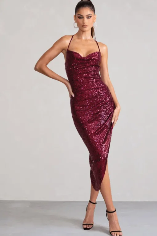 Anya | Berry Sequin Cami Cowl Neck Asymmetric Hem Midi Dress