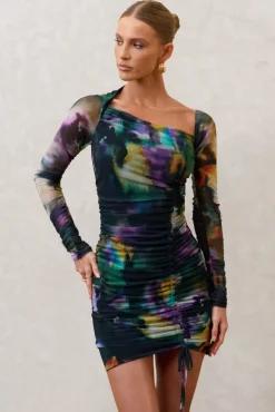 Aphrodite | Watercolour Print Asymmetric Ruched Side Mini Dress
