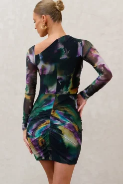 Aphrodite | Watercolour Print Asymmetric Ruched Side Mini Dress