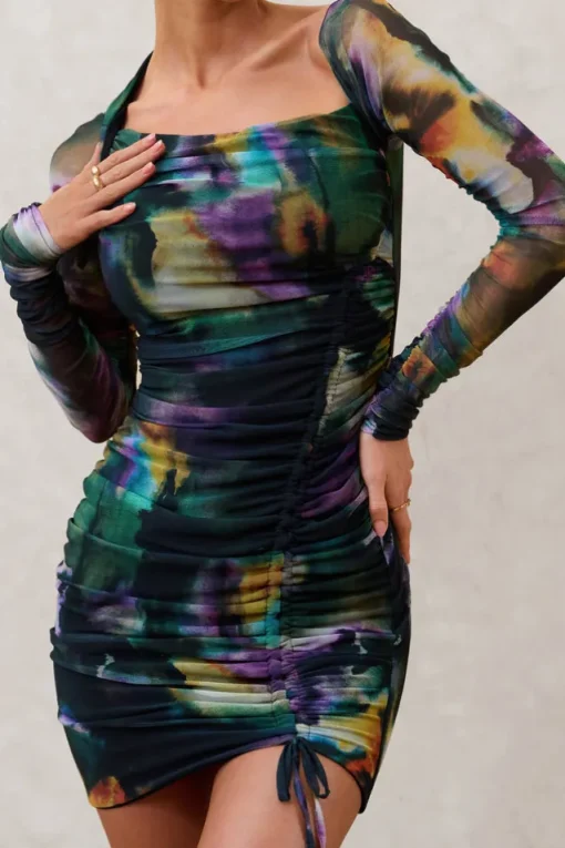 Aphrodite | Watercolour Print Asymmetric Ruched Side Mini Dress
