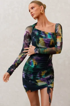 Aphrodite | Watercolour Print Asymmetric Ruched Side Mini Dress