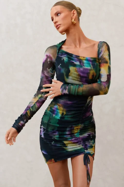 Aphrodite | Watercolour Print Asymmetric Ruched Side Mini Dress