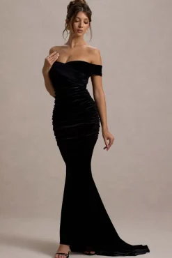 Apolline | Black Velvet Off The Shoulder Ruched Fishtail Maxi Dress