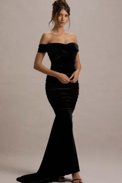 Apolline | Black Velvet Off The Shoulder Ruched Fishtail Maxi Dress