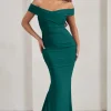 Apolline | Bottle Green Off The Shoulder Ruched Fishtail Maxi Dress