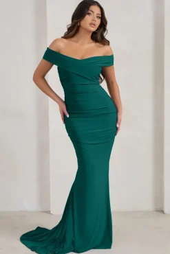 Apolline | Bottle Green Off The Shoulder Ruched Fishtail Maxi Dress