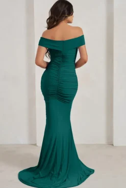 Apolline | Bottle Green Off The Shoulder Ruched Fishtail Maxi Dress
