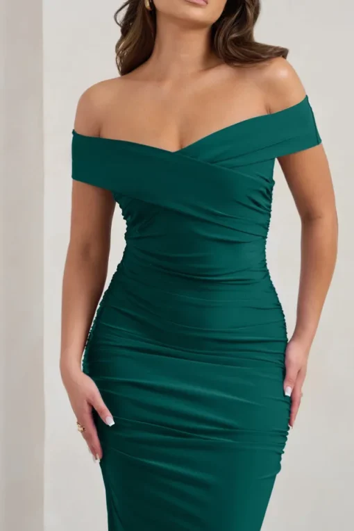 Apolline | Bottle Green Off The Shoulder Ruched Fishtail Maxi Dress