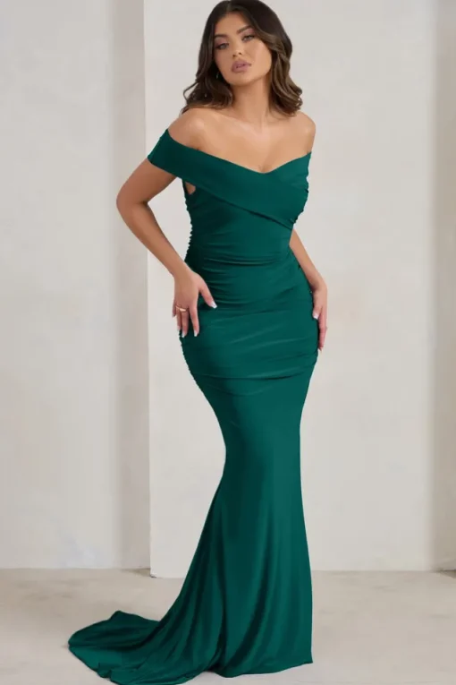 Apolline | Bottle Green Off The Shoulder Ruched Fishtail Maxi Dress