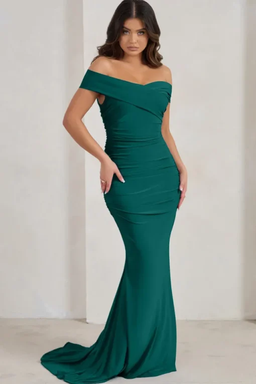 Apolline | Bottle Green Off The Shoulder Ruched Fishtail Maxi Dress