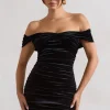Appreciate | Black Velvet Twisted Bardot Ruched Mini Dress