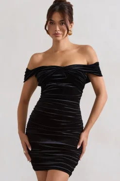 Appreciate | Black Velvet Twisted Bardot Ruched Mini Dress
