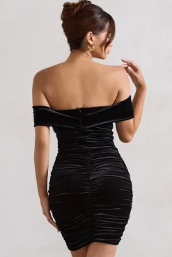 Appreciate | Black Velvet Twisted Bardot Ruched Mini Dress