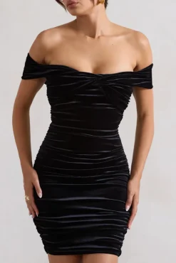 Appreciate | Black Velvet Twisted Bardot Ruched Mini Dress