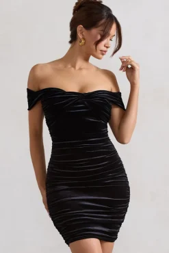 Appreciate | Black Velvet Twisted Bardot Ruched Mini Dress