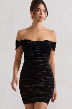 Appreciate | Black Velvet Twisted Bardot Ruched Mini Dress