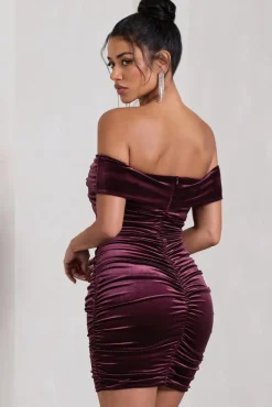 Appreciate | Port Velvet Twisted Bardot Ruched Mini Dress