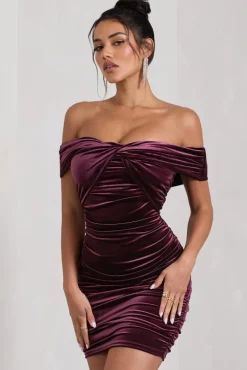 Appreciate | Port Velvet Twisted Bardot Ruched Mini Dress