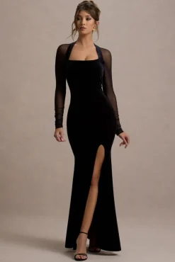Apres | Black Velvet Bodycon Split Maxi Dress With Sheer Sleeves