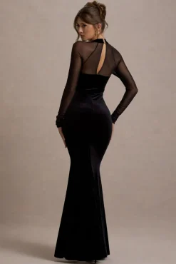Apres | Black Velvet Bodycon Split Maxi Dress With Sheer Sleeves
