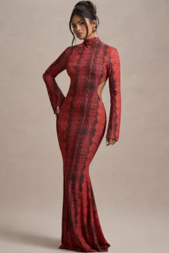 Arabia | Red Snake Print High-Neck Cut-Out Maxi Dress